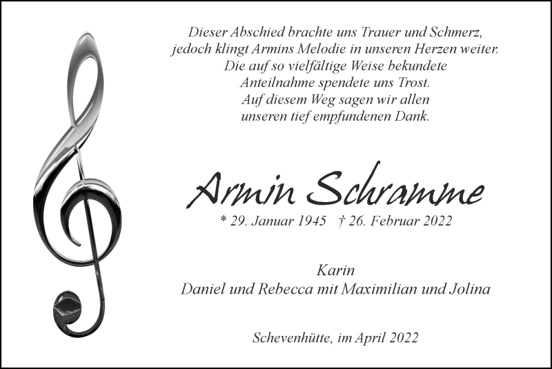  Traueranzeige für Armin Schramme vom 03.04.2022 aus Zeitung am Sonntag