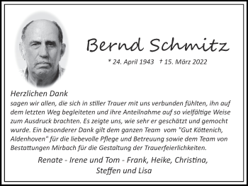 Traueranzeige von Bernd Schmitz von Zeitung am Sonntag