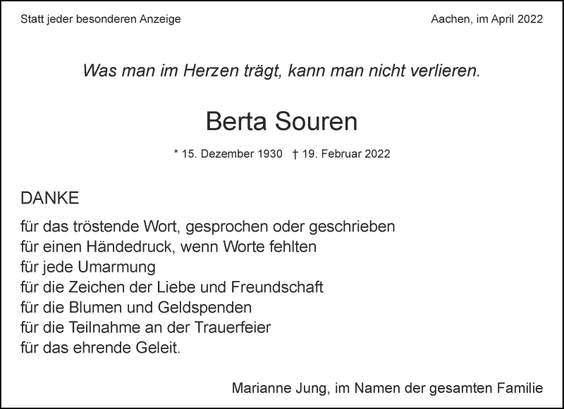  Traueranzeige für Berta Souren vom 30.04.2022 aus Aachener Zeitung / Aachener Nachrichten