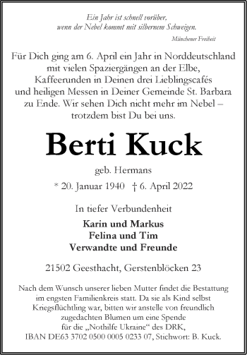 Traueranzeige von Berti Kuck von Zeitung am Sonntag