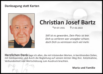 Traueranzeige von Christian Josef Bartz von Zeitung am Sonntag