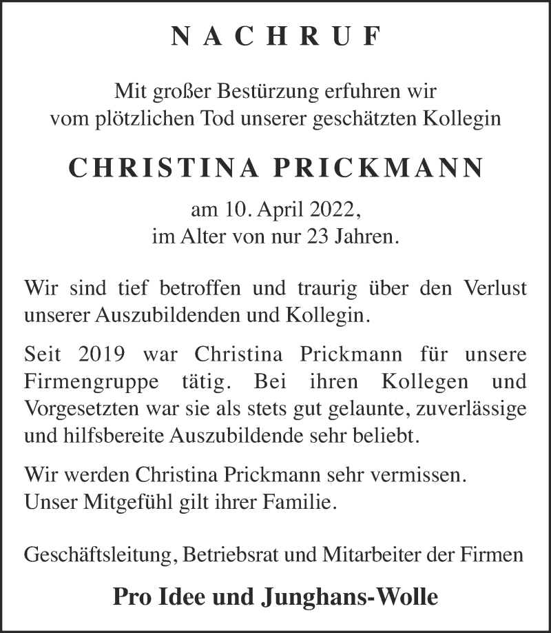  Traueranzeige für Christina Prickmann vom 23.04.2022 aus Aachener Zeitung / Aachener Nachrichten