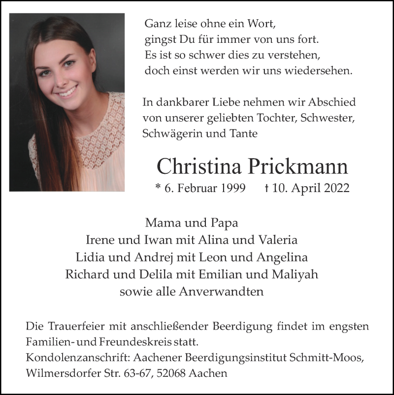  Traueranzeige für Christina Prickmann vom 17.04.2022 aus Zeitung am Sonntag