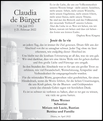 Traueranzeige von Claudia de Bürger von Zeitung am Sonntag