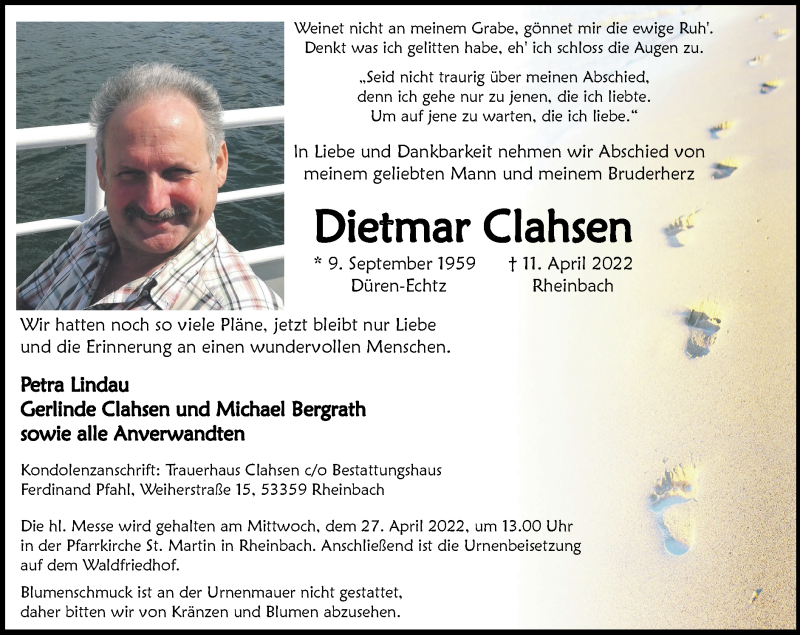  Traueranzeige für Dietmar Clahsen vom 24.04.2022 aus Zeitung am Sonntag