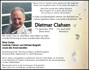 Traueranzeige von Dietmar Clahsen von Zeitung am Sonntag
