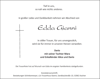 Traueranzeige von Edda Gianni von Aachener Zeitung / Aachener Nachrichten