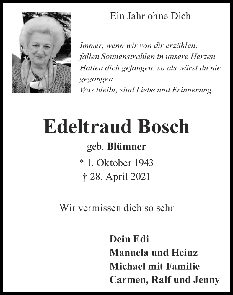  Traueranzeige für Edeltraud Bosch vom 01.05.2022 aus Zeitung am Sonntag