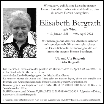 Traueranzeige von Elisabeth Bergrath von Zeitung am Sonntag