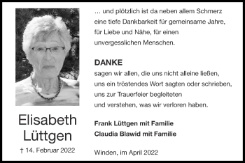 Traueranzeige von Elisabeth Lüttgen von Zeitung am Sonntag
