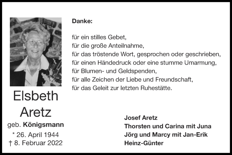  Traueranzeige für Elsbeth Aretz vom 03.04.2022 aus Zeitung am Sonntag