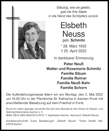 Traueranzeige von Elsbeth Neuss von Aachener Zeitung / Aachener Nachrichten