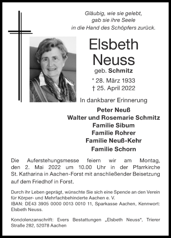 Traueranzeige von Elsbeth Neuss von Zeitung am Sonntag