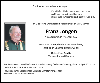 Traueranzeige von Franz Jongen von Zeitung am Sonntag