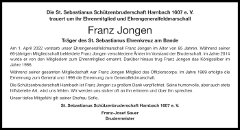 Traueranzeige von Franz Jongen von Zeitung am Sonntag