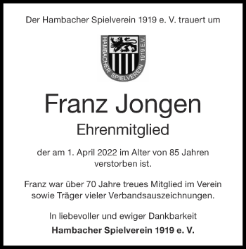 Traueranzeige von Franz Jongen von Zeitung am Sonntag