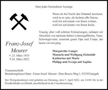 Traueranzeige von Franz-Josef Meurer von Zeitung am Sonntag