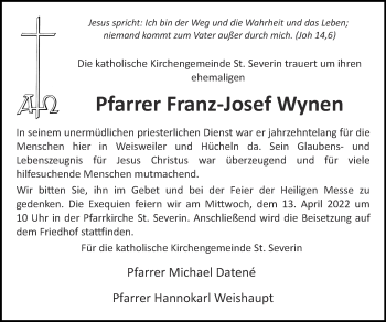 Traueranzeige von Franz-Josef Wynen von Zeitung am Sonntag