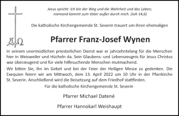 Traueranzeige von Franz-Josef Wynen von Aachener Zeitung / Aachener Nachrichten