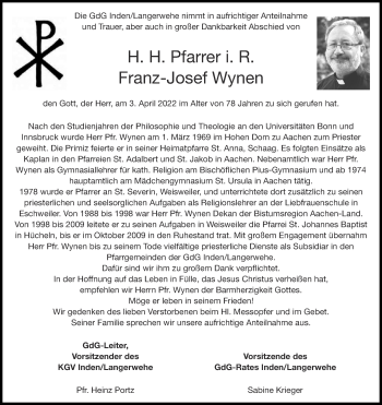 Traueranzeige von Franz-Josef Wynen von Zeitung am Sonntag