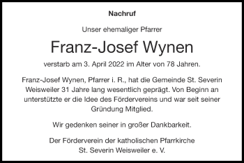Traueranzeige von Franz-Josef Wynen von Zeitung am Sonntag