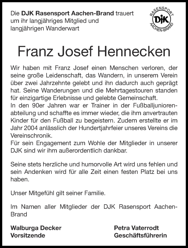  Traueranzeige für Franz Josef Hennecken vom 30.04.2022 aus Aachener Zeitung / Aachener Nachrichten