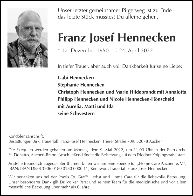  Traueranzeige für Franz Josef Hennecken vom 30.04.2022 aus Aachener Zeitung / Aachener Nachrichten