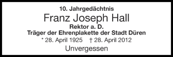 Traueranzeige von Franz Joseph Hall von Aachener Zeitung / Aachener Nachrichten