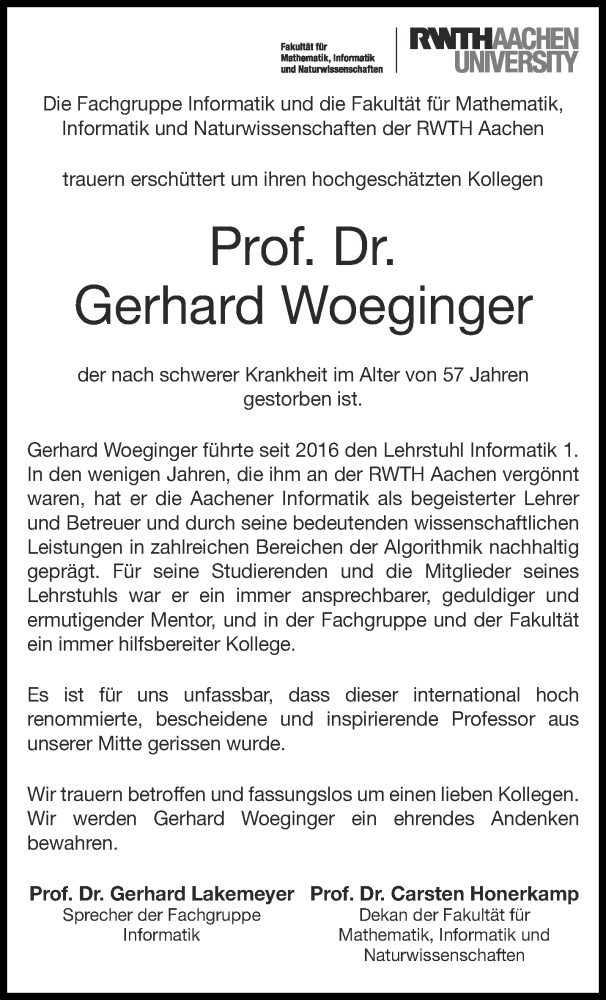  Traueranzeige für Gerhard Woeginger vom 16.04.2022 aus Aachener Zeitung / Aachener Nachrichten