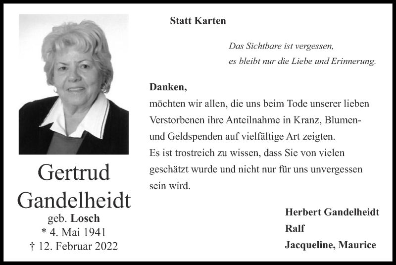  Traueranzeige für Gertrud Gandelheidt vom 03.04.2022 aus Zeitung am Sonntag
