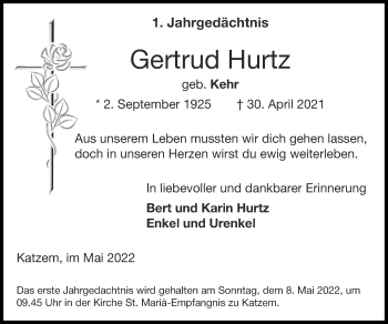 Traueranzeige von Gertrud Hurtz von Zeitung am Sonntag