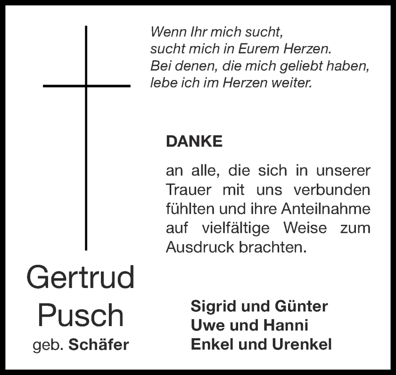  Traueranzeige für Gertrud Pusch vom 24.04.2022 aus Zeitung am Sonntag
