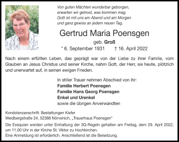 Traueranzeige von Gertrud Maria Poensgen von Aachener Zeitung / Aachener Nachrichten