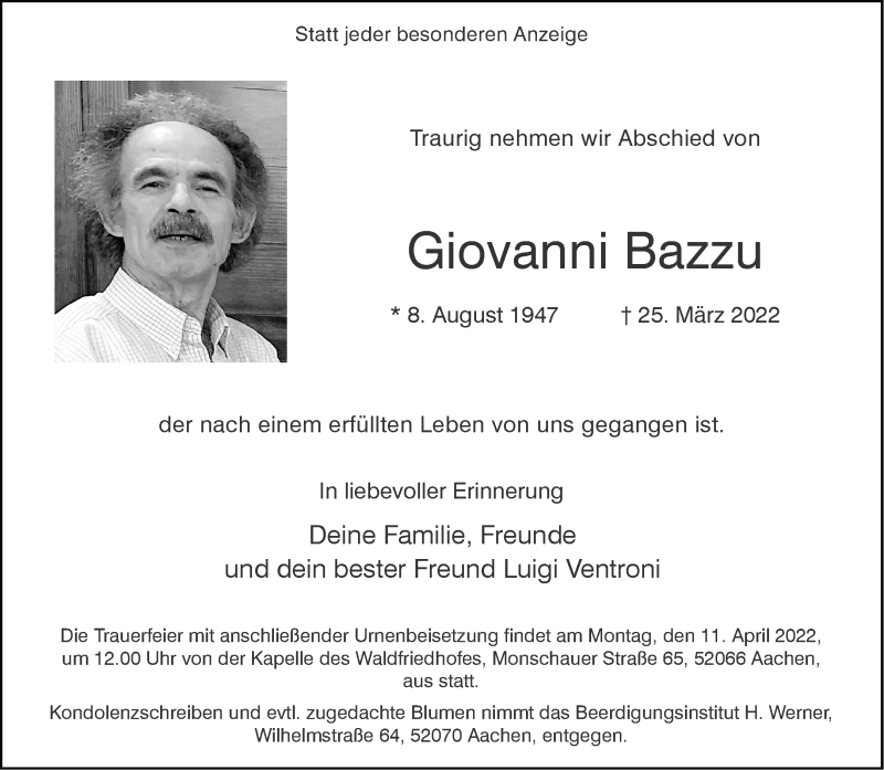  Traueranzeige für Giovanni Bazzu vom 02.04.2022 aus Aachener Zeitung / Aachener Nachrichten
