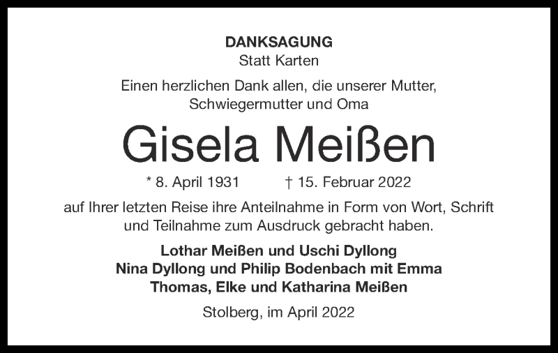  Traueranzeige für Gisela Meißen vom 17.04.2022 aus Zeitung am Sonntag
