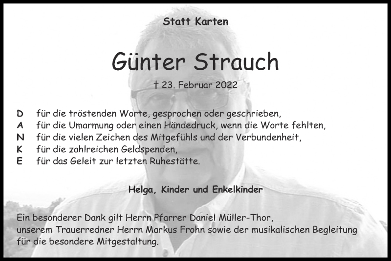  Traueranzeige für Günter Strauch vom 03.04.2022 aus Zeitung am Sonntag