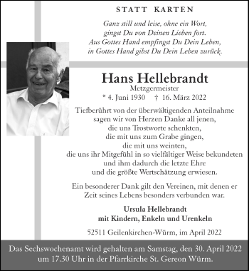 Traueranzeige von Hans Hellebrandt von Zeitung am Sonntag