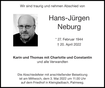 Traueranzeige von Hans-Jürgen Neburg von Zeitung am Sonntag