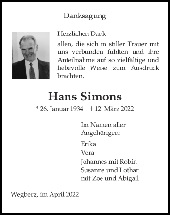 Traueranzeige von Hans Simons von Zeitung am Sonntag