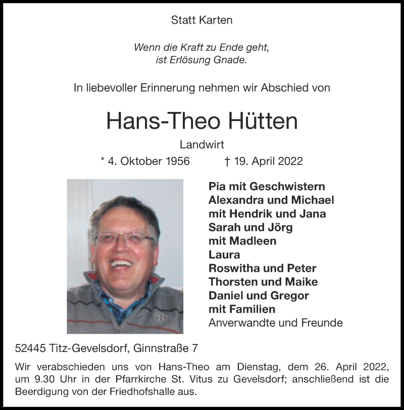  Traueranzeige für Hans-Theo Hütten vom 23.04.2022 aus Aachener Zeitung / Aachener Nachrichten