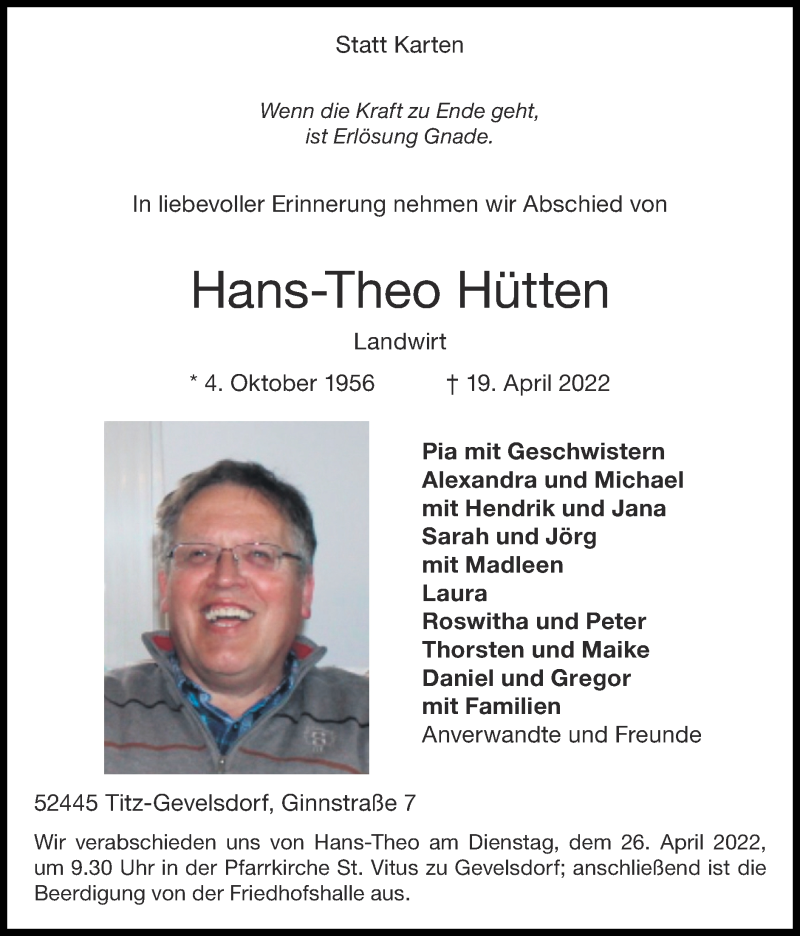  Traueranzeige für Hans-Theo Hütten vom 24.04.2022 aus Zeitung am Sonntag