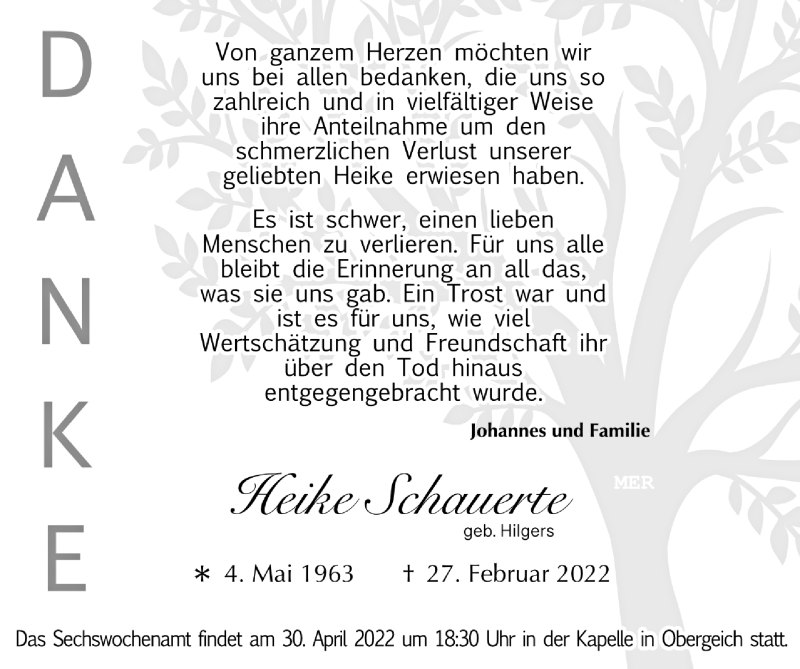  Traueranzeige für Heike Schauerte vom 24.04.2022 aus Zeitung am Sonntag