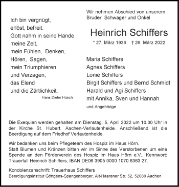 Traueranzeige von Heinrich Schiffers von Zeitung am Sonntag