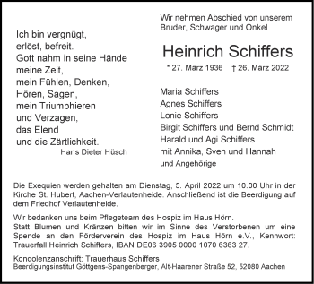 Traueranzeige von Heinrich Schiffers von Aachener Zeitung / Aachener Nachrichten