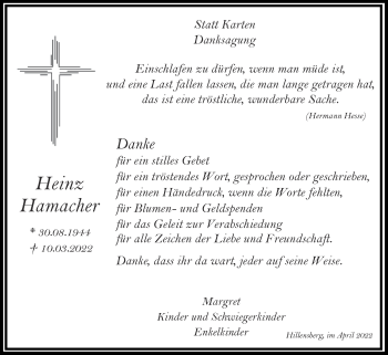 Traueranzeige von Heinz Hamacher von Zeitung am Sonntag