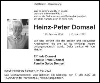 Traueranzeige von Heinz-Peter Domsel von Zeitung am Sonntag