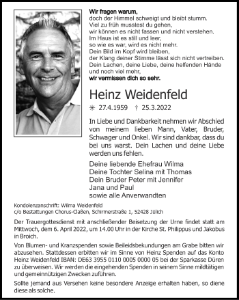 Traueranzeige von Heinz Weidenfeld von Zeitung am Sonntag