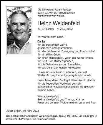 Traueranzeige von Heinz Weidenfeld von Zeitung am Sonntag
