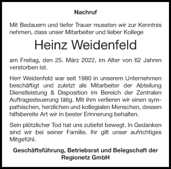 Traueranzeige von Heinz Weidenfeld von Aachener Zeitung / Aachener Nachrichten