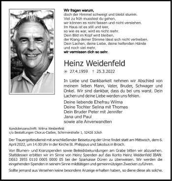 Traueranzeige von Heinz Weidenfeld von Aachener Zeitung / Aachener Nachrichten